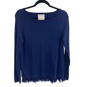 STS Sail to Sable Navy Blue Cotton Blend Knit Fringe Trim Sweater Womens Small
